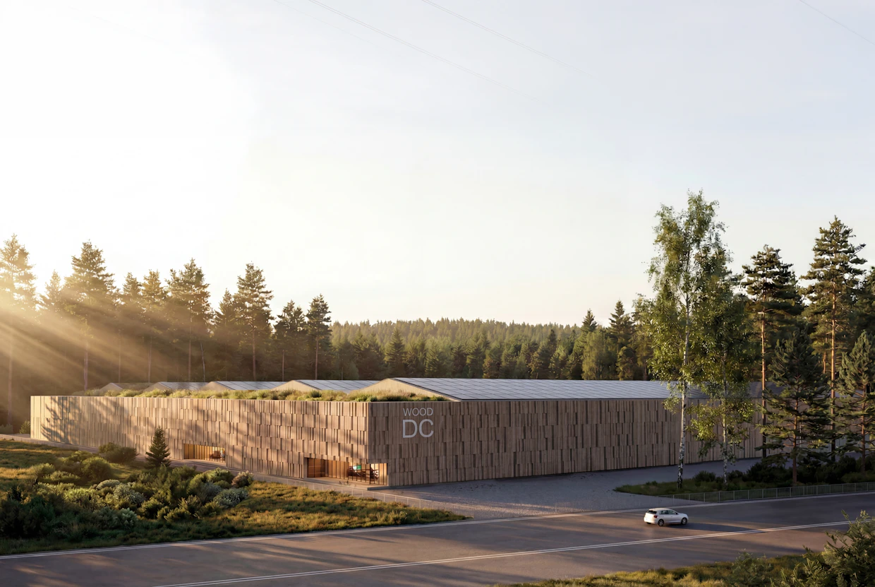 SRV on kehittänyt puusta rakennettavan datakeskuksen konseptia. Puusta saa samalla miellyttävän julkisivun, joka saa sen sopimaan ympäristöönsä. Havainnekuva.
