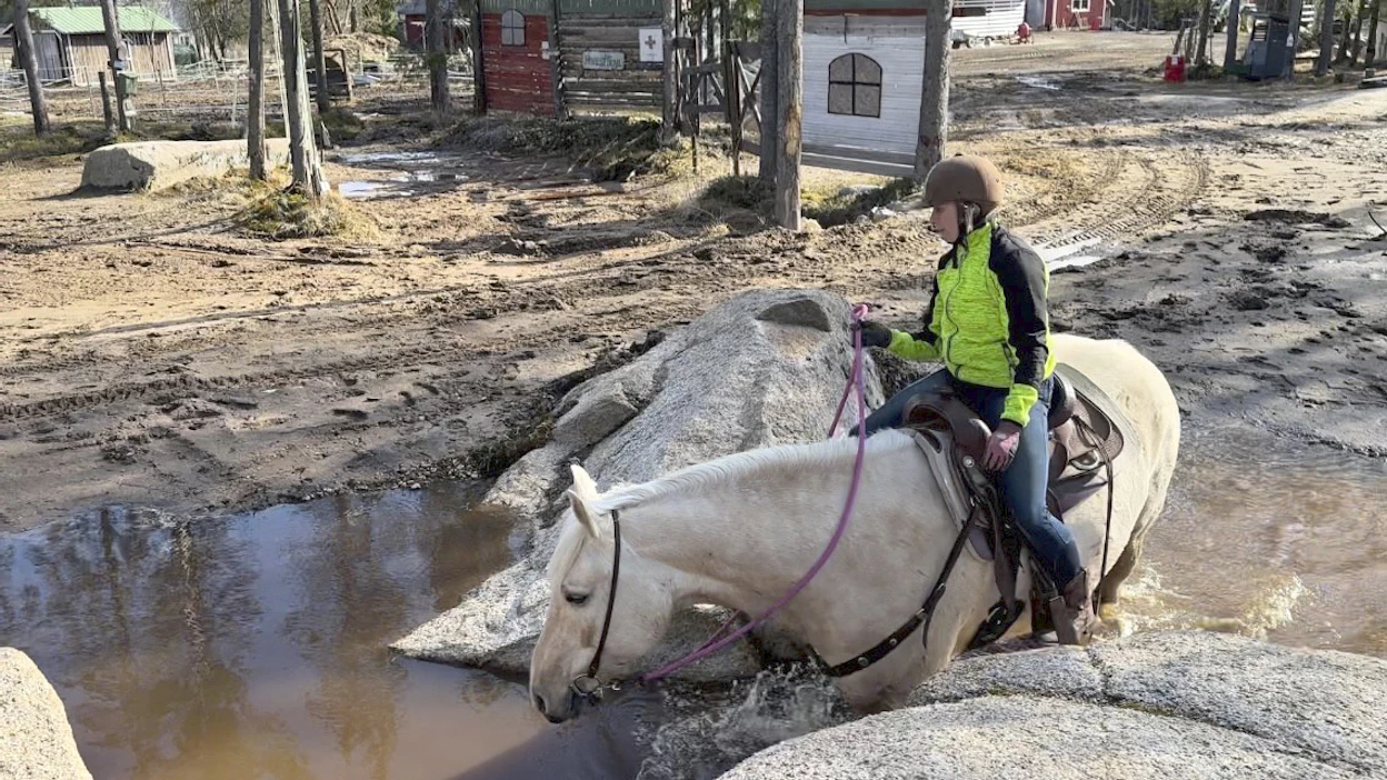 Kahden hehtaarin tehtäväradalla pääsee myös harjoittelemaan veteen menoa. Kuvassa Terhi Lehtinen kahlaa torinhevosruunan kanssa ”Canyonin kapeikossa”.