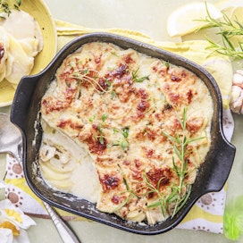 Pecorinon sijaan gratiiniin voi käyttää myös muuta voimakasta juustoa.