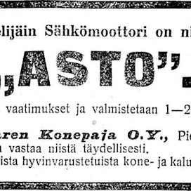 Pietarsaaren Konepaja kauppasi 07.10.1922 lehdessä maanviljelijäin sähkömoottoria Astoa.