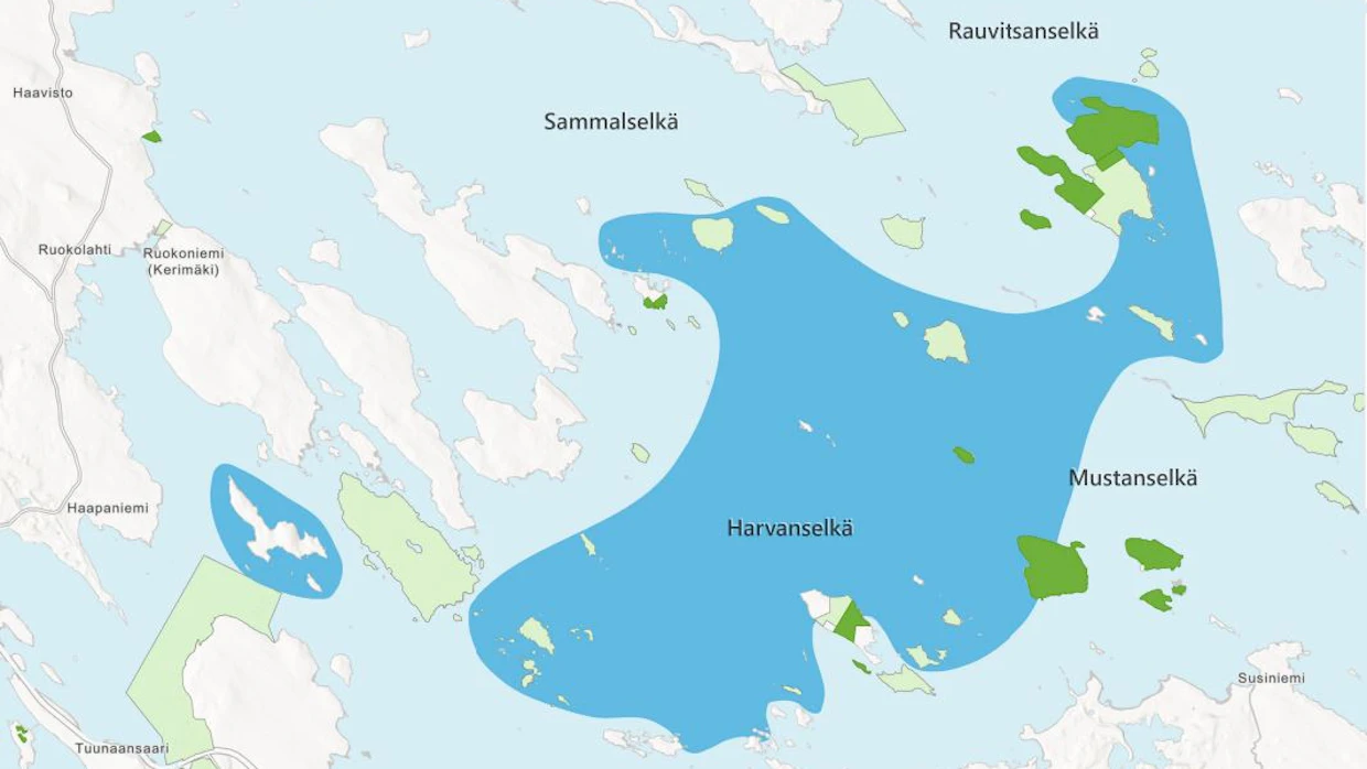 Puruveden pesäpaikkakartta näyttää tältä. Kaikki kartat löytyvät Metsähallituksen verkkosivuilta.