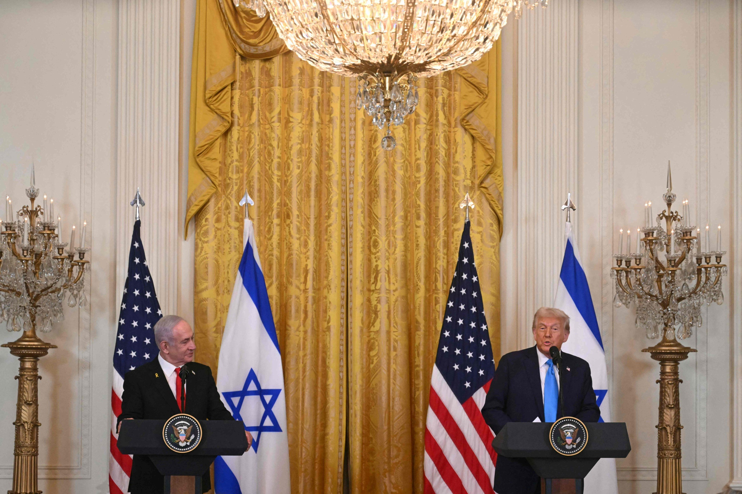 Yhdysvaltain presidentti Donald Trump oli ennen Israelin pääministerin Bejamin Netanjahun vierailua väittänyt medialle, että palestiinalaiset olisivat Gazassa vain sen vuoksi, ettei heillä ole muuta vaihtoehtoa. LEHTIKUVA/AFP. 