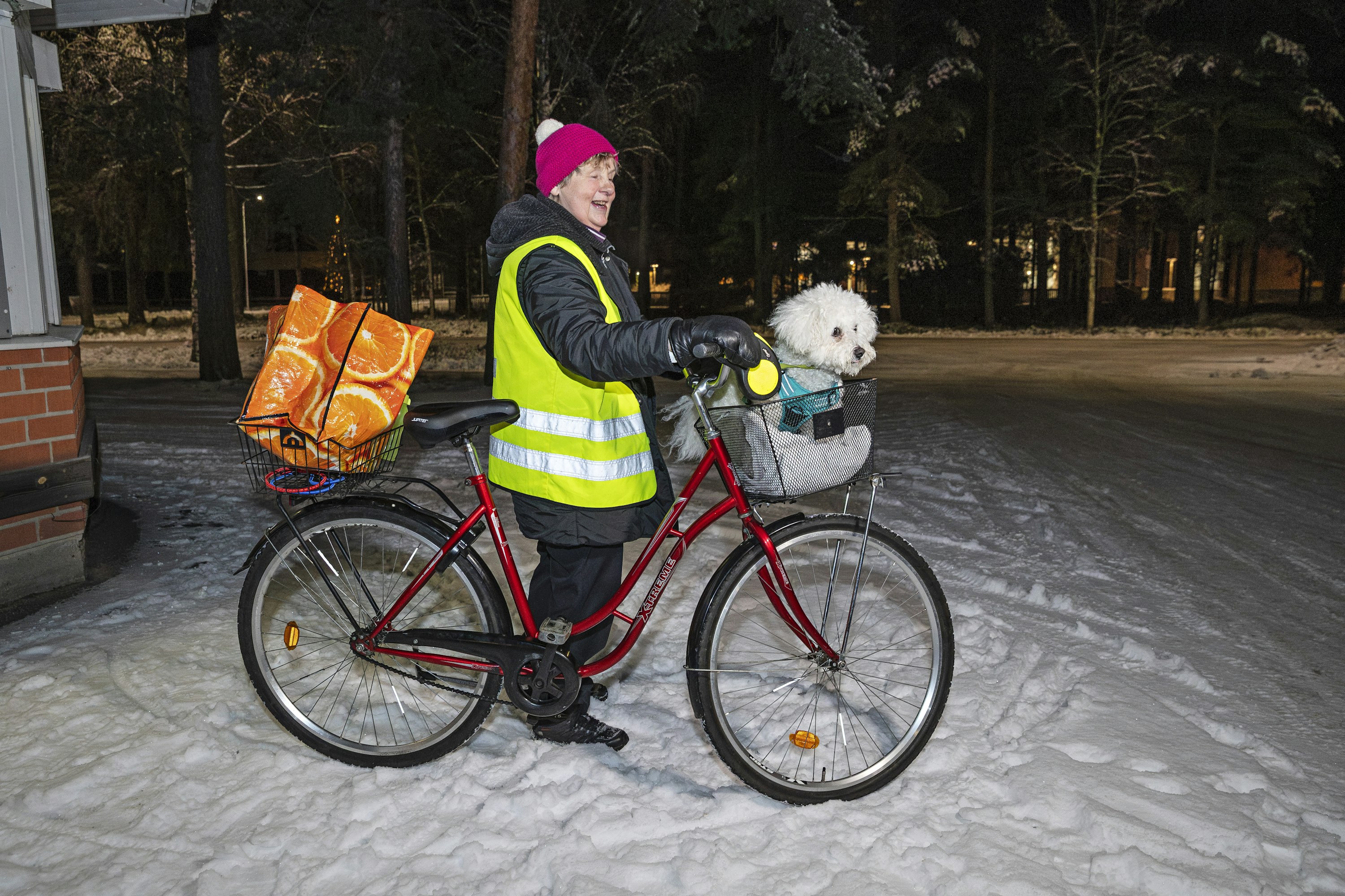 Merja poistuu paikalta pyörällä, tyttären hoitokoira korissaan.