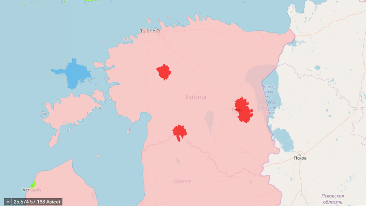 Afrikkalaisen sikaruton tilannekartta 4.8.2025. Alueilla liikkumista kannattaa välttää tarpeen tullen. Nurmen tila on kuvassa alimpana alueena. Näyttökuva on Euroopan unionin asf-karttapalvelusta.