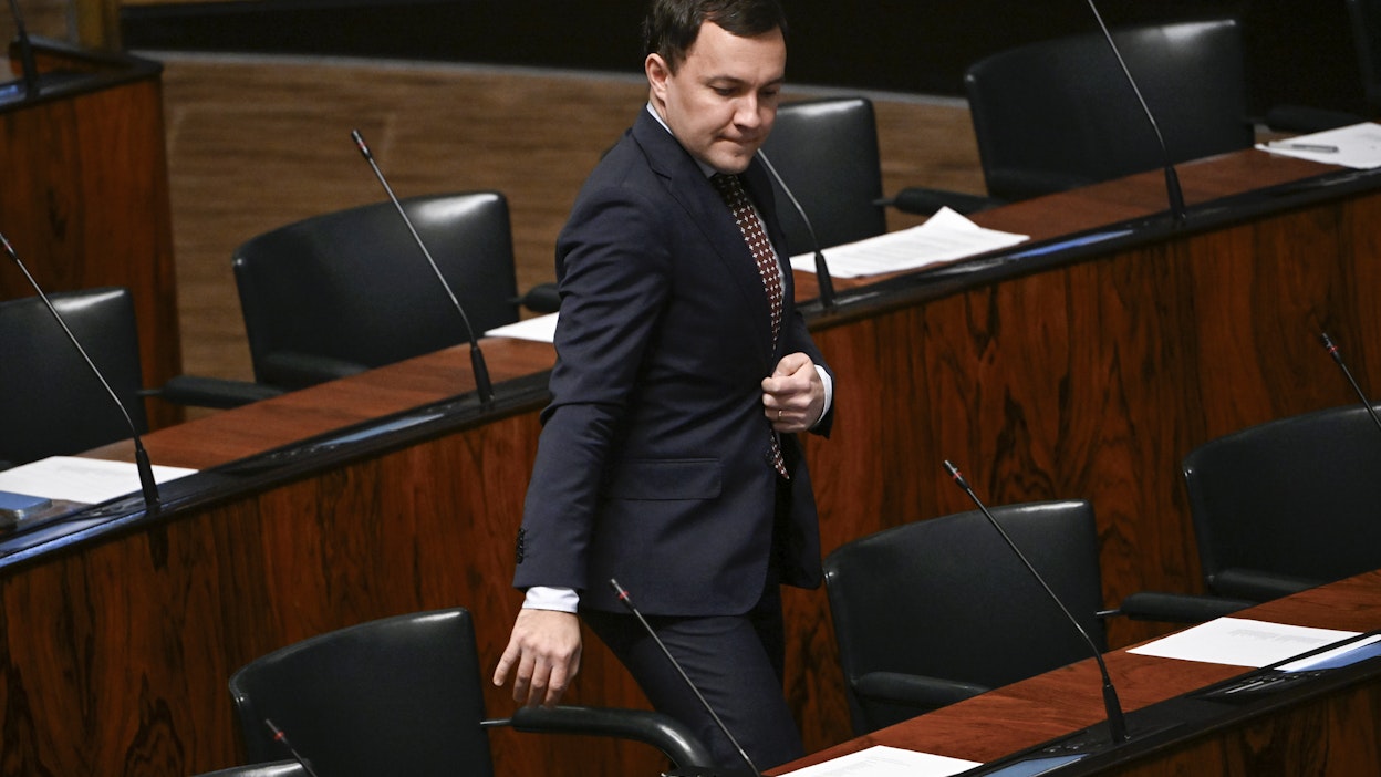 Wille Rydman (ps.) eduskunnan täysistunnossa viime perjantaina. LEHTIKUVA / Antti Aimo-Koivisto.