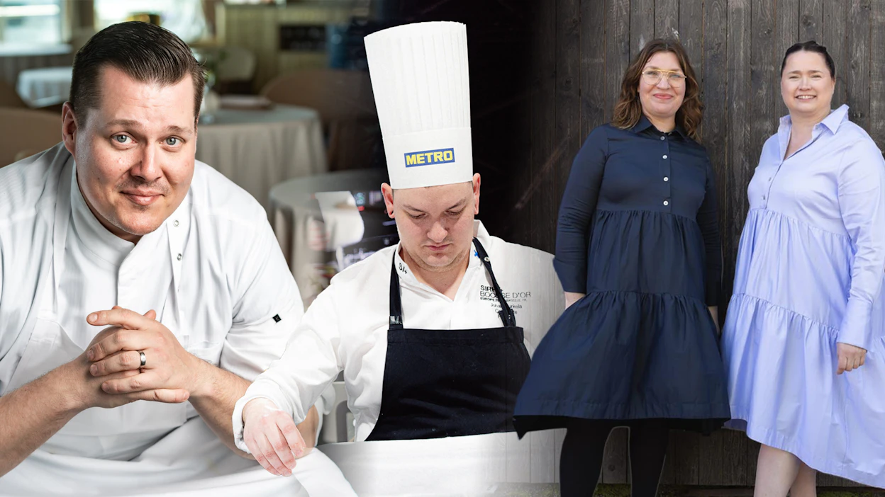 Kuvassa vasemmalta Palacen keittiöpäällikkö Eero Vottonen, Suomen Bocuse d’Or -edustaja Johan Kurkela sekä Gustuksen perustajat Kaisa Nieminen ja Seija Killström.