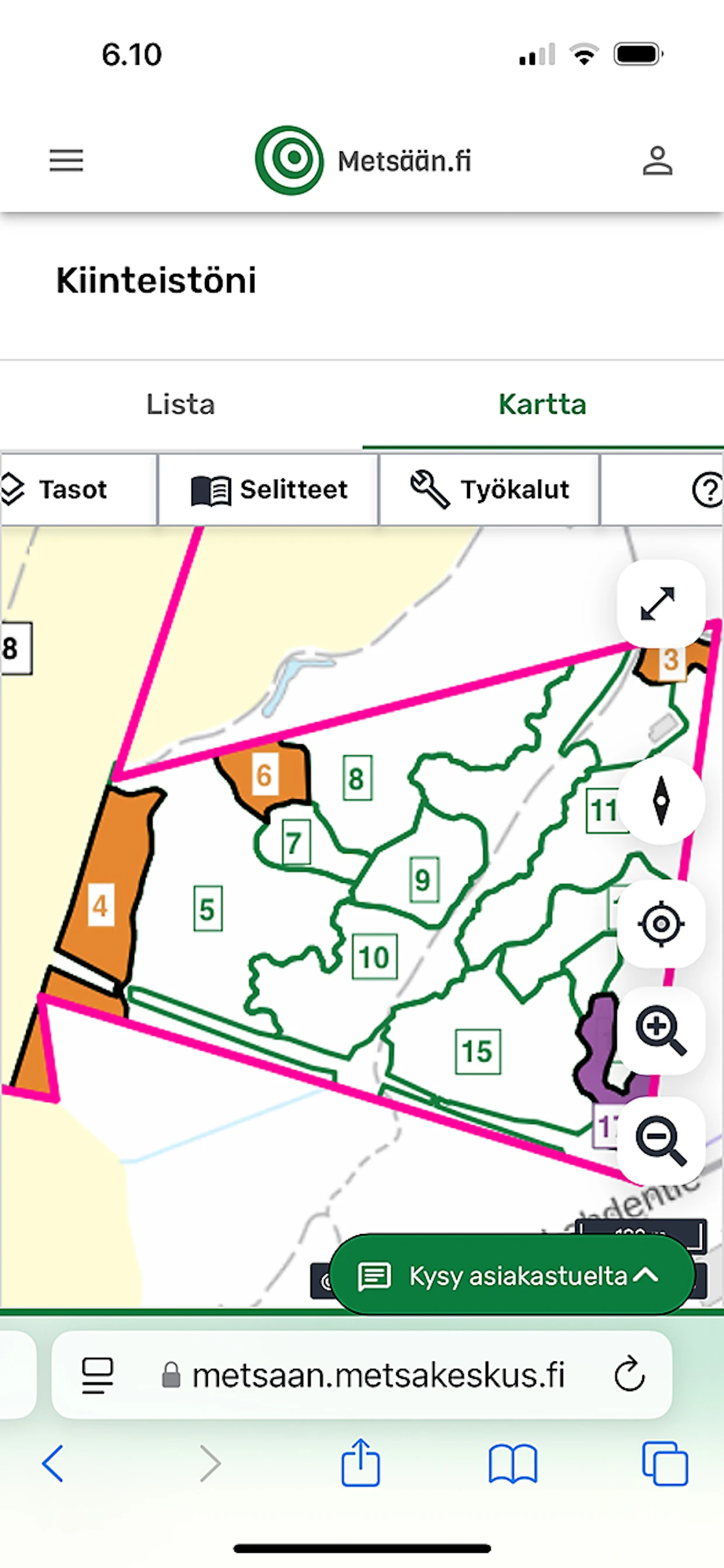 Palvelun karttaosiossa voi tarkastella omien metsäkiinteistöjensä kuviotietoja. Puuston eri kehitysluokat näkyvät erivärisinä.
