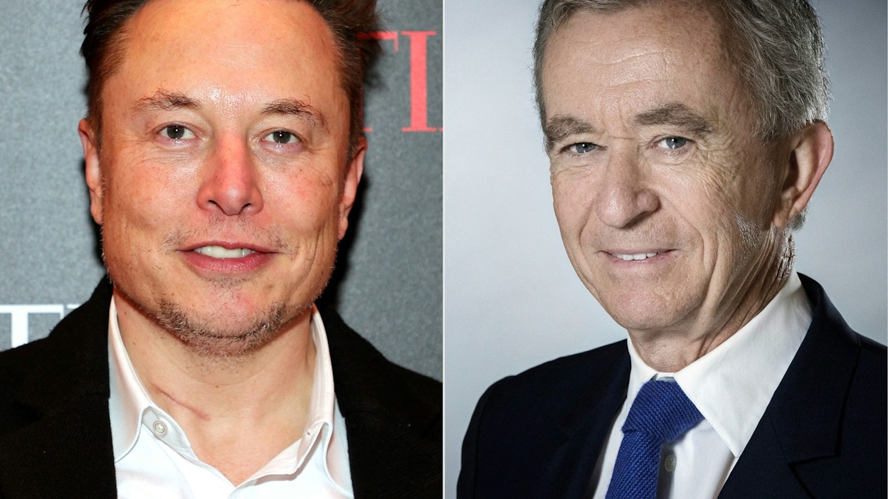 Uutistoimisto Bloombergin listauksessa ranskalainen Bernard Arnault (oikealla) syrjäytti Elon Muskin maailman rikkaimpana ihmisenä. LEHTIKUVA/AFP. 