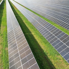 Solarigon Kalajoen aurinkovoimalan paneelien peltokenttää.