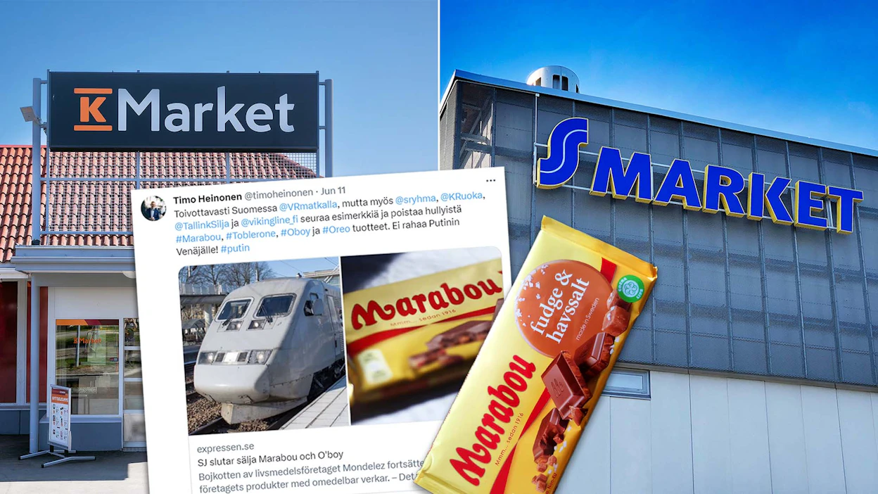 Kokoomuksen kansanedustaja <strong id="strong-b0c19a1719b2562902cb32b82e2b9768">Timo Heinonen</strong> vaatii twitter-tilillään VR:ää, Tallink Siljaa, Viking Linea sekä K- ja S-ryhmiä boikotoimaan Mondelezia. Marabouta ei valmisteta Venäjällä, mutta Marabouta tekevällä Mondelezilla on muuta liiketoimintaa Venäjällä.