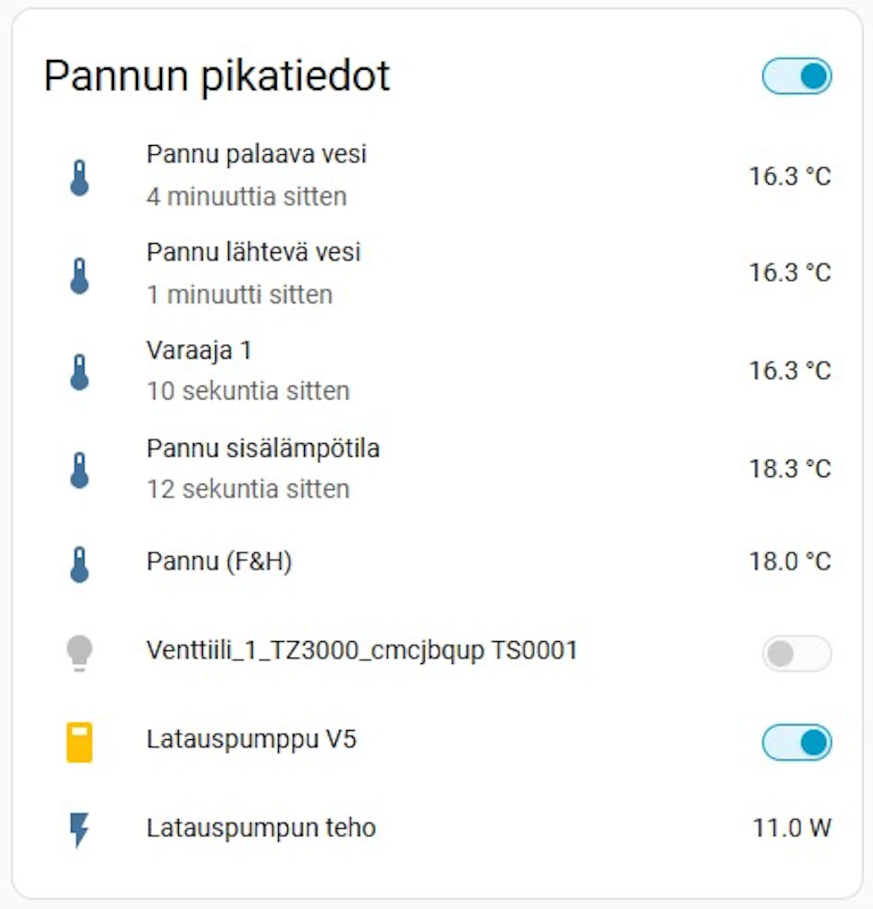 Lämmityskattilan tilanne on koottu omalle kortilleen. Lämpötilojen lisäksi järjestelmä ohjaa lämmityksen varaajan vesikiertoa ja siihen liittyviä venttiilejä.
