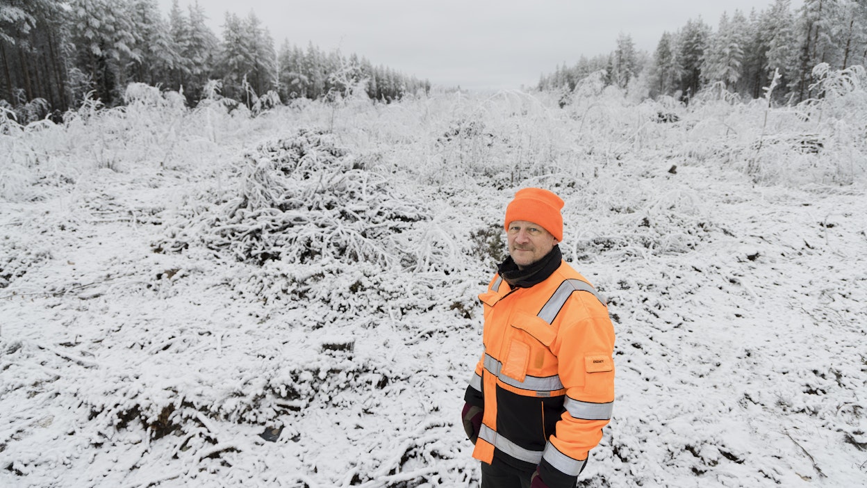 Asko Annalan harvennusmetsistä Yli-Iissä on lunastettu liki sadan metrin levyinen kaista Fingridin voimalinjaa varten. Annala kävi tarkastamassa lumista hakkuukaistaa viime keskiviikkona.