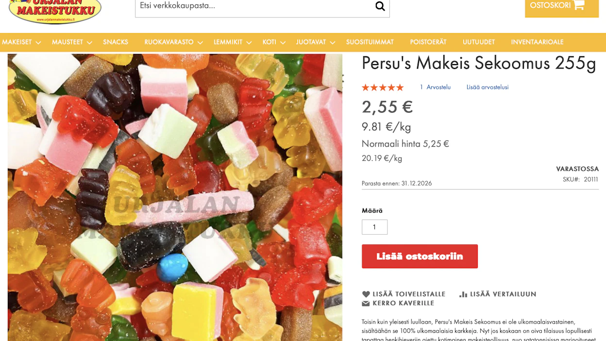 Urjalan Makeistukku lopettaa tämän karkkipussin myynnin kuun lopussa ja kiittää asiakkaitaan poikkeuksellisesta suosiosta ja aktiivisuudesta. Kuvakaappaus verkkokaupasta.
