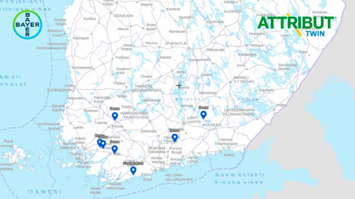 Kartta Attribut Twin kokeista Suomessa.