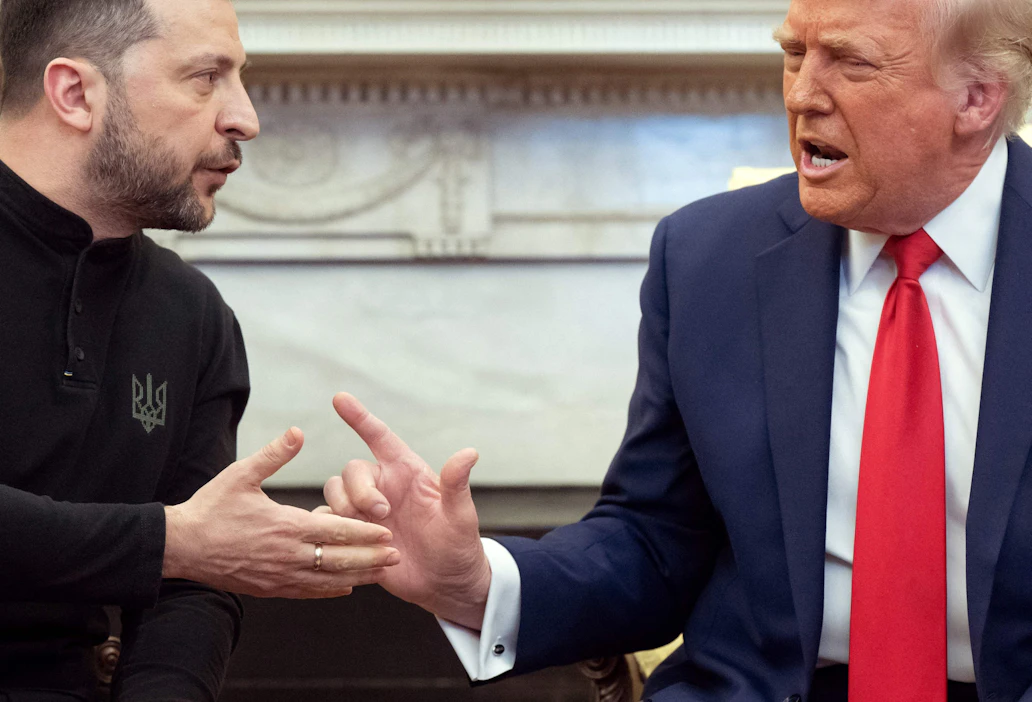 Ukrainan presidentti Volodymyr Zelenskyi ja Yhdysvaltain presidentti Donald Trump keskustelivat perjantaina median edessä, mutta kohtaaminen kärjistyi nopeasti riitaisaksi, eikä kestänyt lopulta kauaa. LEHTIKUVA/AFP.